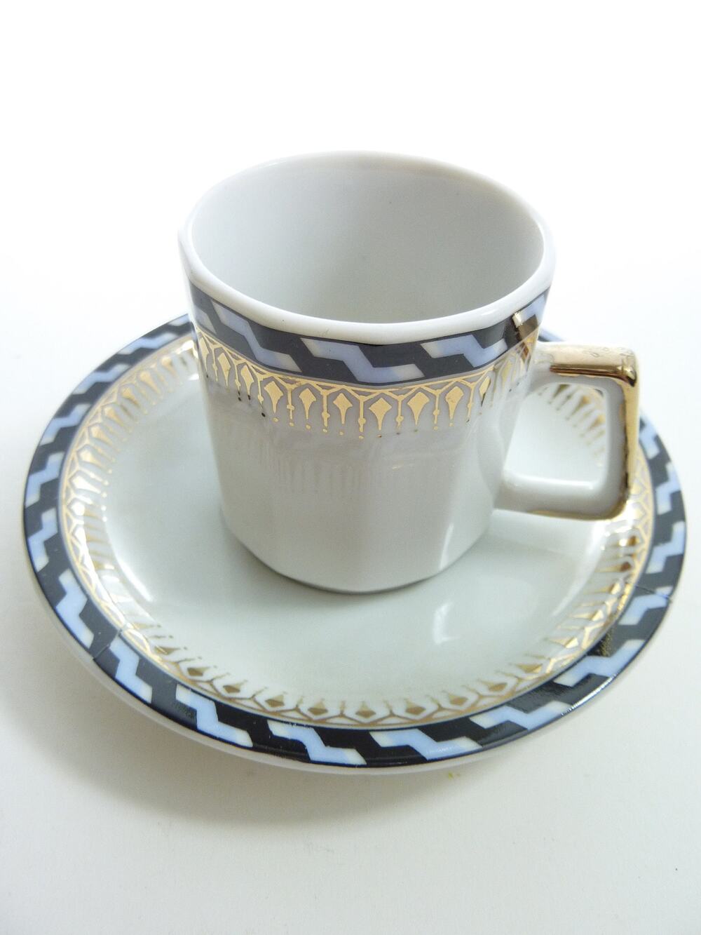 Vintage Japan Demitasse Cup Saucer Set Porcelain Miniature Gold Blue Black Tea